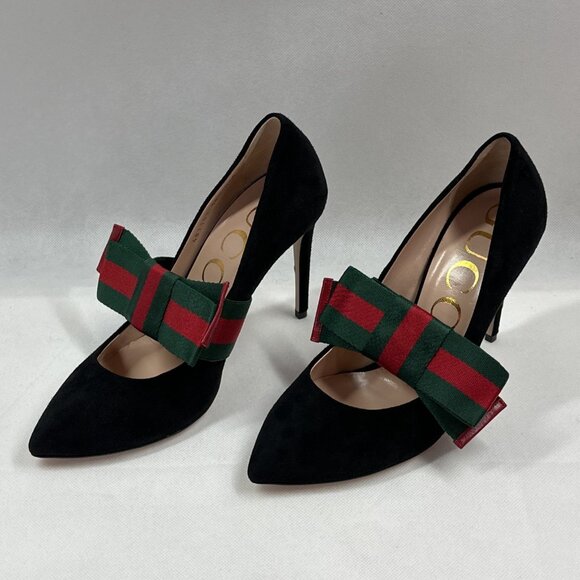 NIB Authentic Gucci Sylvie Black Suede Pumps with Green & Red Stripe Web Bow - Picture 10 of 15
